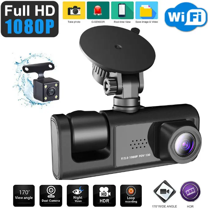 Dash Cam 3-Channel 2K+1080P 3.5" IPS Screen 175° Wide Angle Night Vision WDR 24H Parking Monitor with G-Sensor Loop Recording & 32GB Micro SD Card