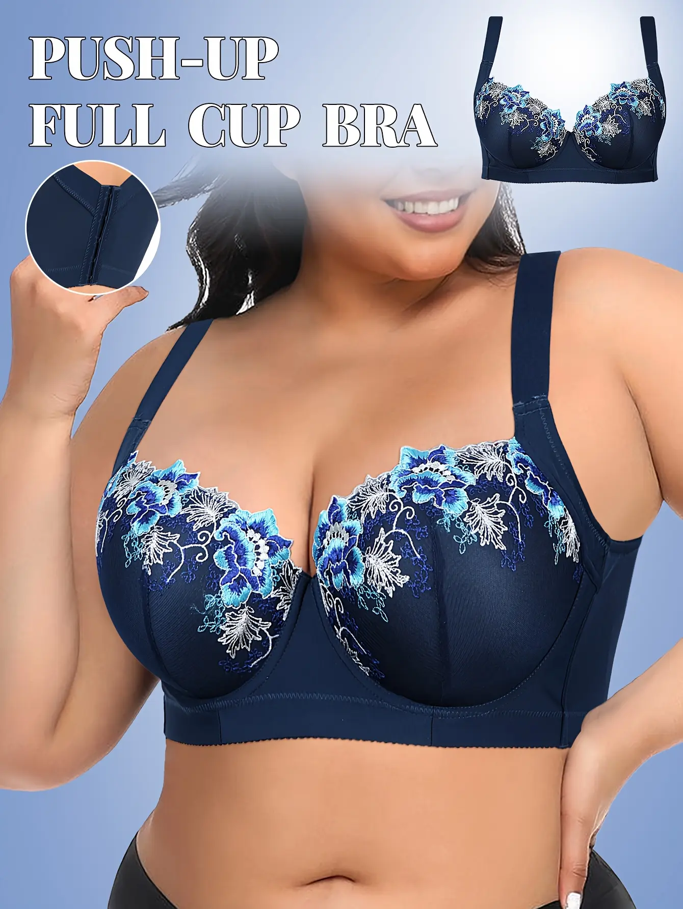 Mimilemon Women's Embroidered Push-Up Bra with Side Support, Wide Straps & Underwire Lift - Romantic Full Cup Style for Birthday & Chinese New Year