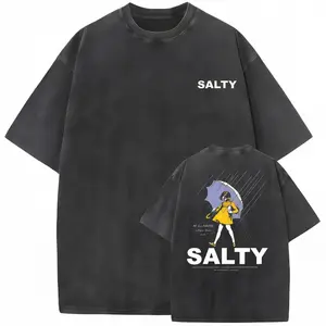Men’s heavy-weight (230 gsm) vintage washed T-shirt — oversized streetwear tee with double-sided “salty” graphic print, drop shoulders and crew neck; all-season casual shirt for daily wear and gifting; classic sweatshirt.