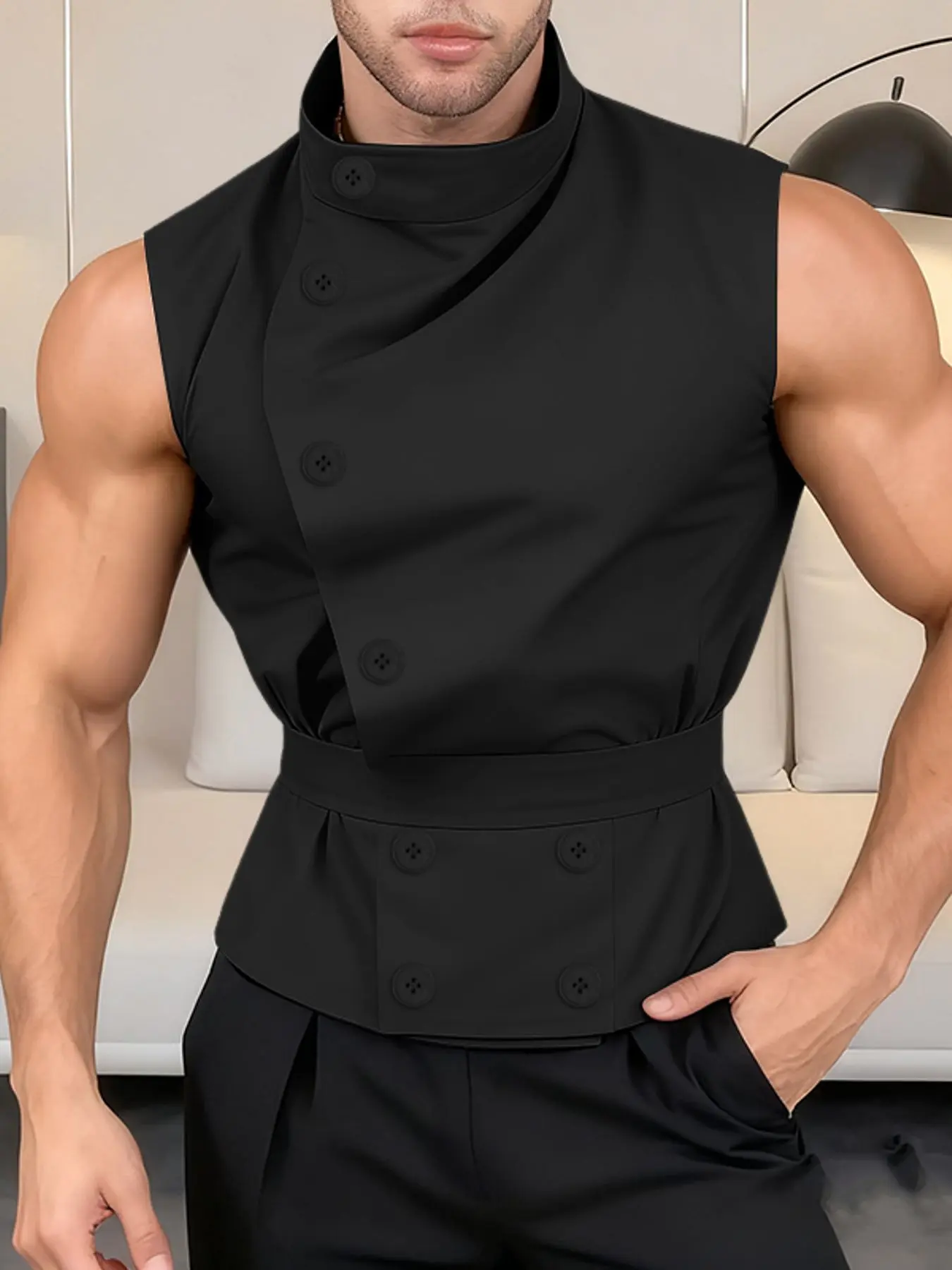 INCERUN Summer Men Shirt Solid Color Polyester Stand Collar Sleeveless Button Men Clothing Streetwear Loose Fashion Casual Tops Menswear Camisas