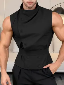 INCERUN Summer Men Shirt Solid Color Polyester Stand Collar Sleeveless Button Men Clothing Streetwear Loose Fashion Casual Tops Menswear Camisas