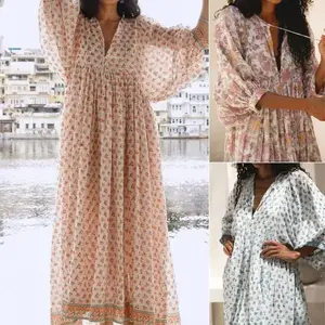 Women Long Dress, 3/4 Sleeve Dress V Neck Floral Loose Dress, Summer Casual Swing Dress, Ladies Dress for Indoor Outdoor Wear, Ladies Clothes for Daily Wear, Casual Dress
