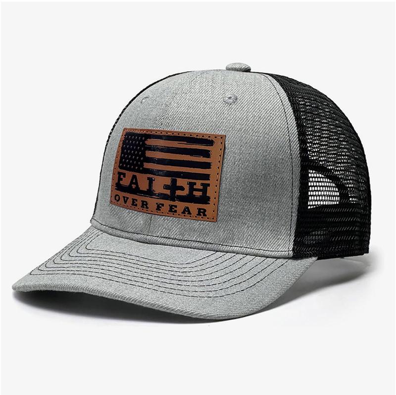 Faith Over Fear Cross Flag Hat Adjustable Baseball Cap Jesus USA Flag Leather Patch Classic Trucker Filler Cap for Men Women Young Fitted Hats Breathable Mesh Back Christmas gift