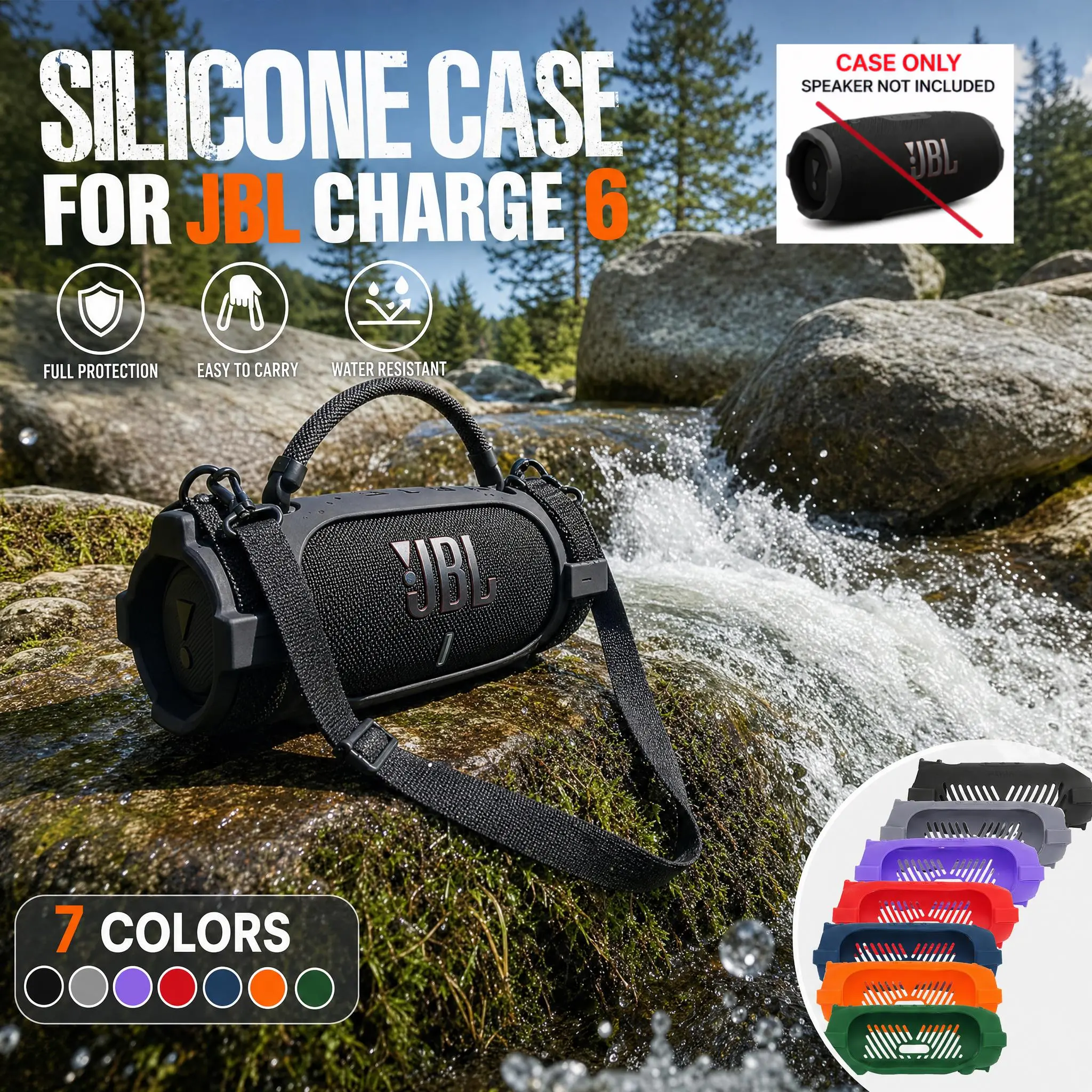 [Only Case] Adjustable, Durable Shockproof Silicone Case with Strap for JBL Charge 6 - Portable Protection Cover for Outdoor Travel & Daily Use