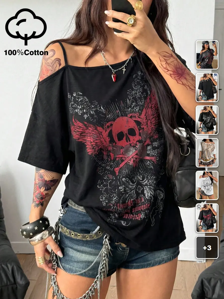 Skeleton Graphic T-Shirt Loose Fit Y2K Streetwear Halloween Going Out Fall