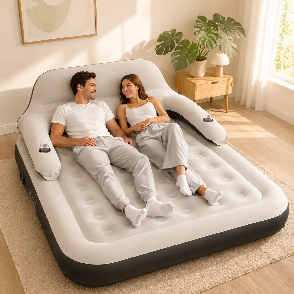 PVC Plastic Inflatable Sofa Bed Living Room Furniture - Multi-In-1 Portable Convertible Flocked Top Air Mattress with Removable Headboard, Pillows, Cup Holders, 226.8KG Capacity, Ideal for Home Guests & Gifting, Inflatable Sofa Living Room Furniture