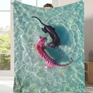 Pink Tiger and Black Panther Flannel Blanket Vibrant Underwater Animal Print Pattern Soft Cozy Lightweight Warm Throw for Sofa Bedroom Living Room Office Travel Gift Decor Use