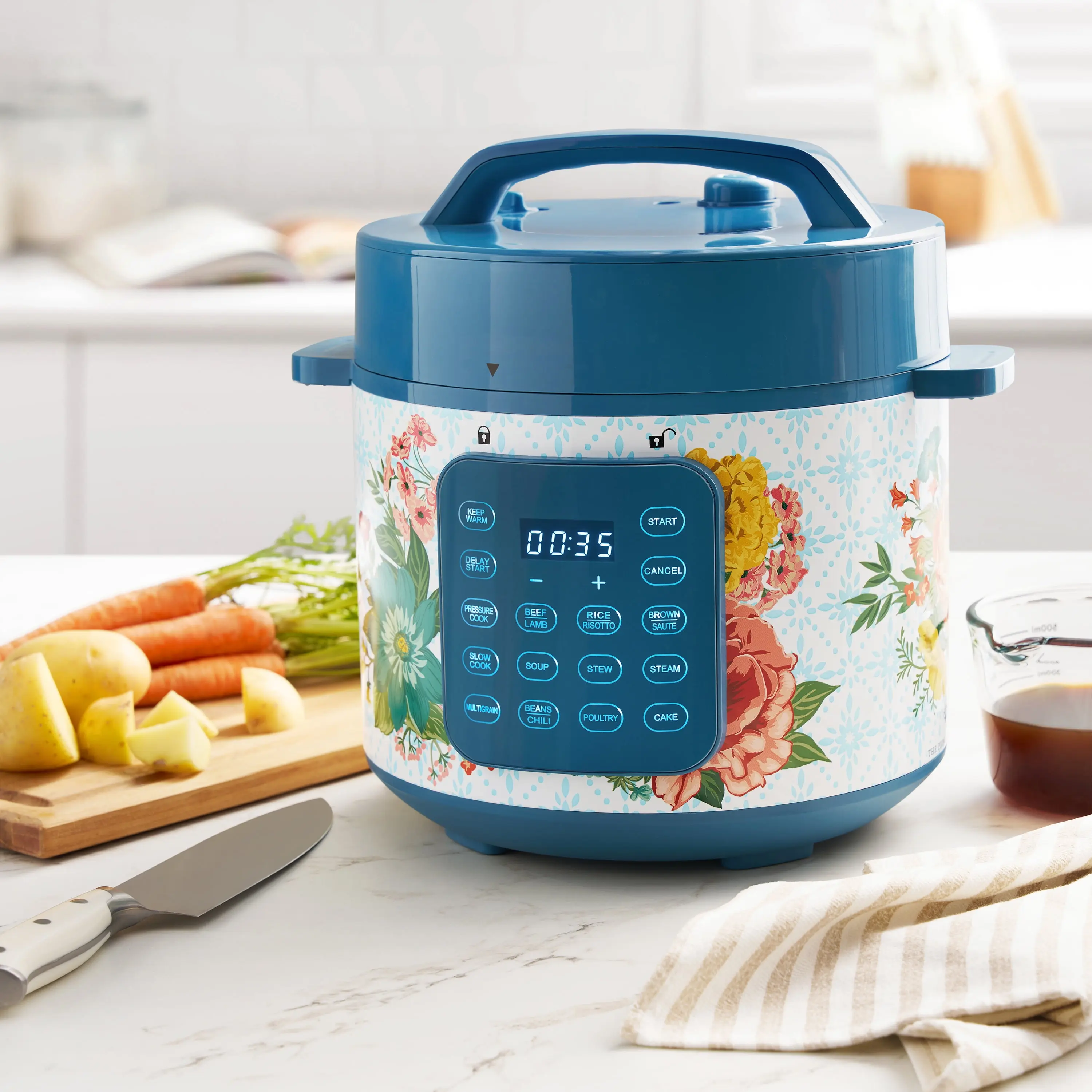 The Pioneer Woman Fancy Flourish 6-Quart Pressure Cooker with Touch Control Display, pressure cook, slow cook, saute, cook rice and yogurt