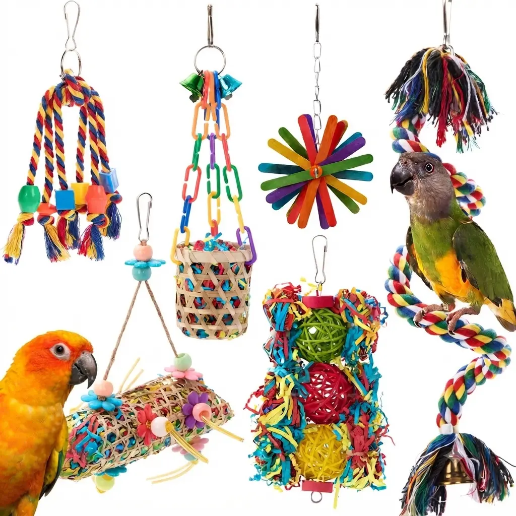 Bird Cage Accessory Kit: Hanging Rope Perch with Bell, Interactive Shredding, Foraging & Swing Toys for Small to Medium Parrots – Durable, Colorful Chewing Toys for Cockatiels, Conures, Budgies, and Lovebirds