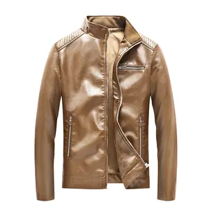 Men's Slim Fit Cargo Jacket in Khaki Artificial Suede Leather - Stand Collar + Zipper Details