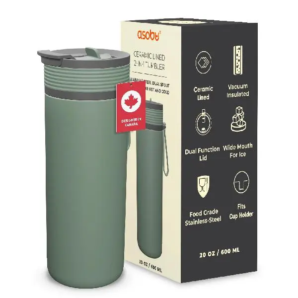 Asobu 20oz Ceramic Lined Stainless Steel Vacuum Flask - Portable Leak-Proof 2-in-1 Lid Travel Drinkware for Coffee, Lemon Drinks, Iced Tea, Hot Beverages, Durable, Flavor-Preserving