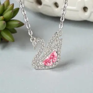 Sparkling Swan Necklace & Bracelet Set, Pink Crystal Pendant, Silver Alloy Matching Jewelry Gift for Her