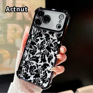 Floral Monochrome Ornament Mobile Phone Case for iPhone 17 16 Pro Max 15 Plus 14 13 12 11 E Air Four Corner Anti-drop Shockproof Non-slip Silicone Transparent Protective Cover