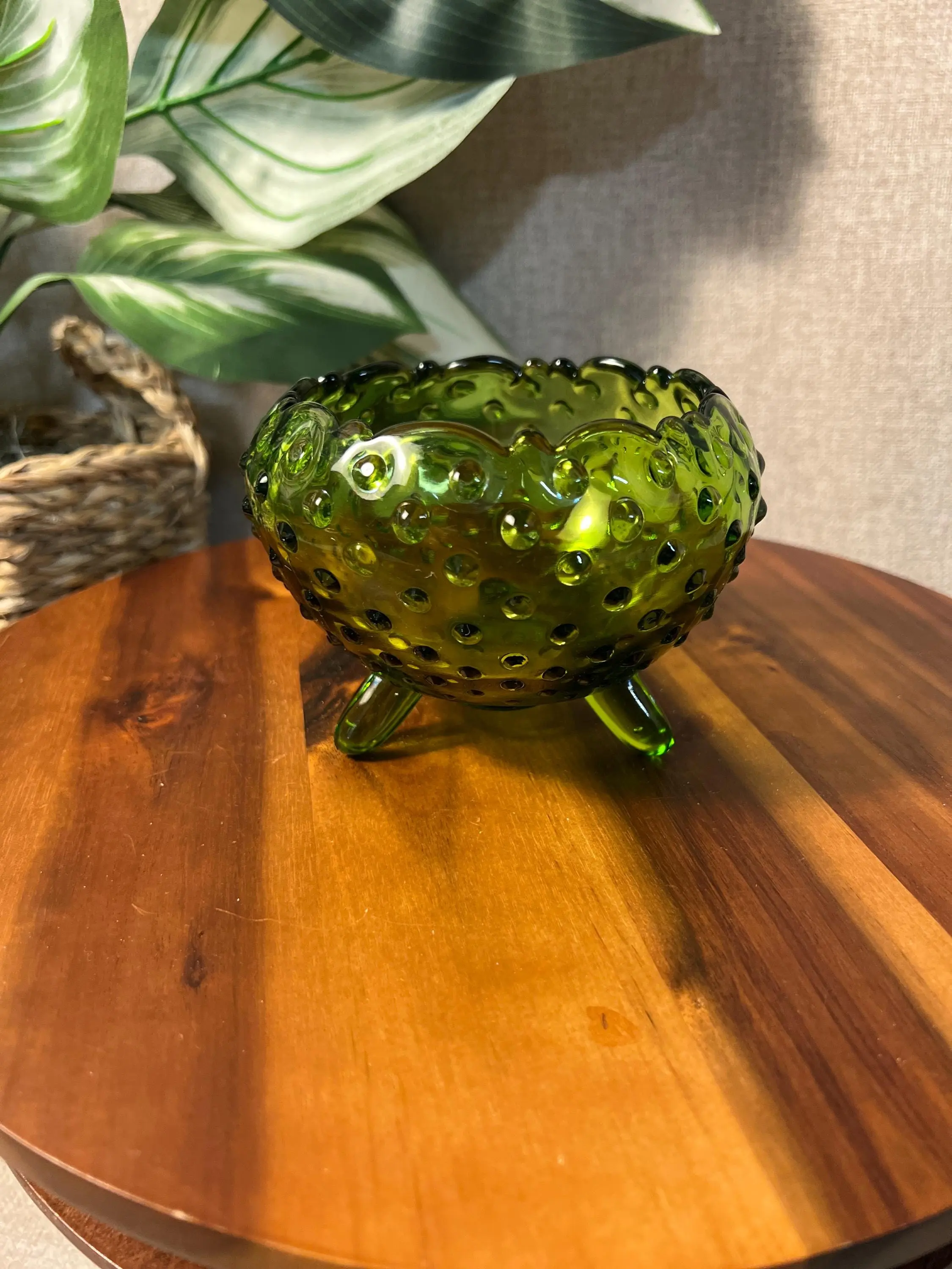 Vintage Mid Century LE Smith Glass Green Hobnail Rose Bowl Dish Vase 3 Footed