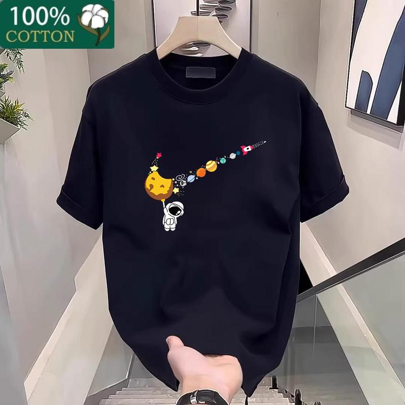 Men's fashion cotton graphic T-shirt featuring space planet elements, breathable and comfortable, machine washable, unisex design, perfect for summer casual wear.