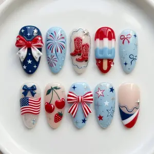 LB8- Americana Coquette Press-On Nails, 3D Ribbon Bow, Cherry & Cowboy Boot Design, Patriotic Popsicle Accent, Red White Blue Holiday Nails, 4th of July Press On Nails