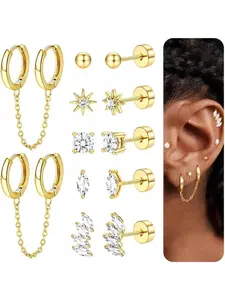 Golden Flat Back Earrings for Women, Golden Plated Trendy Cartilage Earring Sets for Multiple Piercing Hypoallergenic Small Huggie Hoop Earrings Stacks with Dangle Chain Dainty Golden Stud Earrings