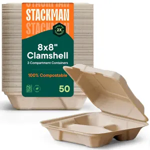 100 compostable clamshell take out food containers 8x8 3compartment 50pack heavyduty quality to go containers natural disposable bagasse ecofriendly biodegradable made of sugar cane fibers