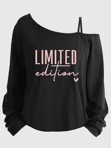 Plus Size Women's Loose-Fit Long Sleeve Cami Top, Asymmetrical Neckline, Letter Print, All Seasons, Sizes 1-8xl