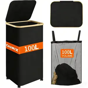 Large Capacity 100L Rolling Laundry Basket with Wheels, Foldable Dirty Clothes Bag, Detachable Locking Wheels, Breathable Mesh Pocket, Laundry Hamper