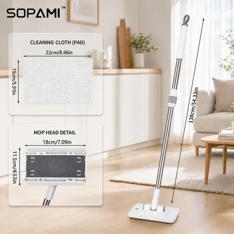 SOPAMI Retractable Handheld Mop - Auto Cleaning Disposable Wet Dry Tool with Hands-Free Clamp, Replaceable Non-Woven Pads for Hardwood, Tile Floors (Easy Mopping Solution), Auto Cleaning Mops