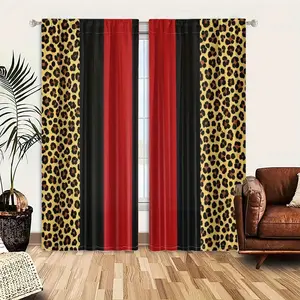 2-piece set of red and black leopard color blocked curtains, Window curtain, classic retro style, semi transparent polyester fiber material, pole bag design, suitable for home decor, all year round