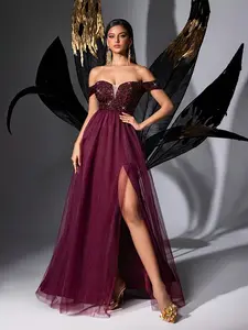 Women's Elegant Glitter Sequins Floral Decor Prom Dress, Chic Vintage Rose Design Wedding Party Gown, Ladies Clothes for Summer