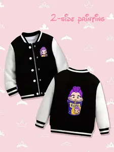 Women's Huntrix Rumi Cartoon Baseball Jacket, Spring & Fall Fitted Long Sleeve Print Outerwear, Cute Daily Wear HUNTR/X（EJAE、AUDREY NUNA、Rei Ami）、Saja Boys（Andrew Choi、Neckwav、Danny Chung、KEVIN WOO、samUIL L）、TWICE、MeloMance、JOKERs