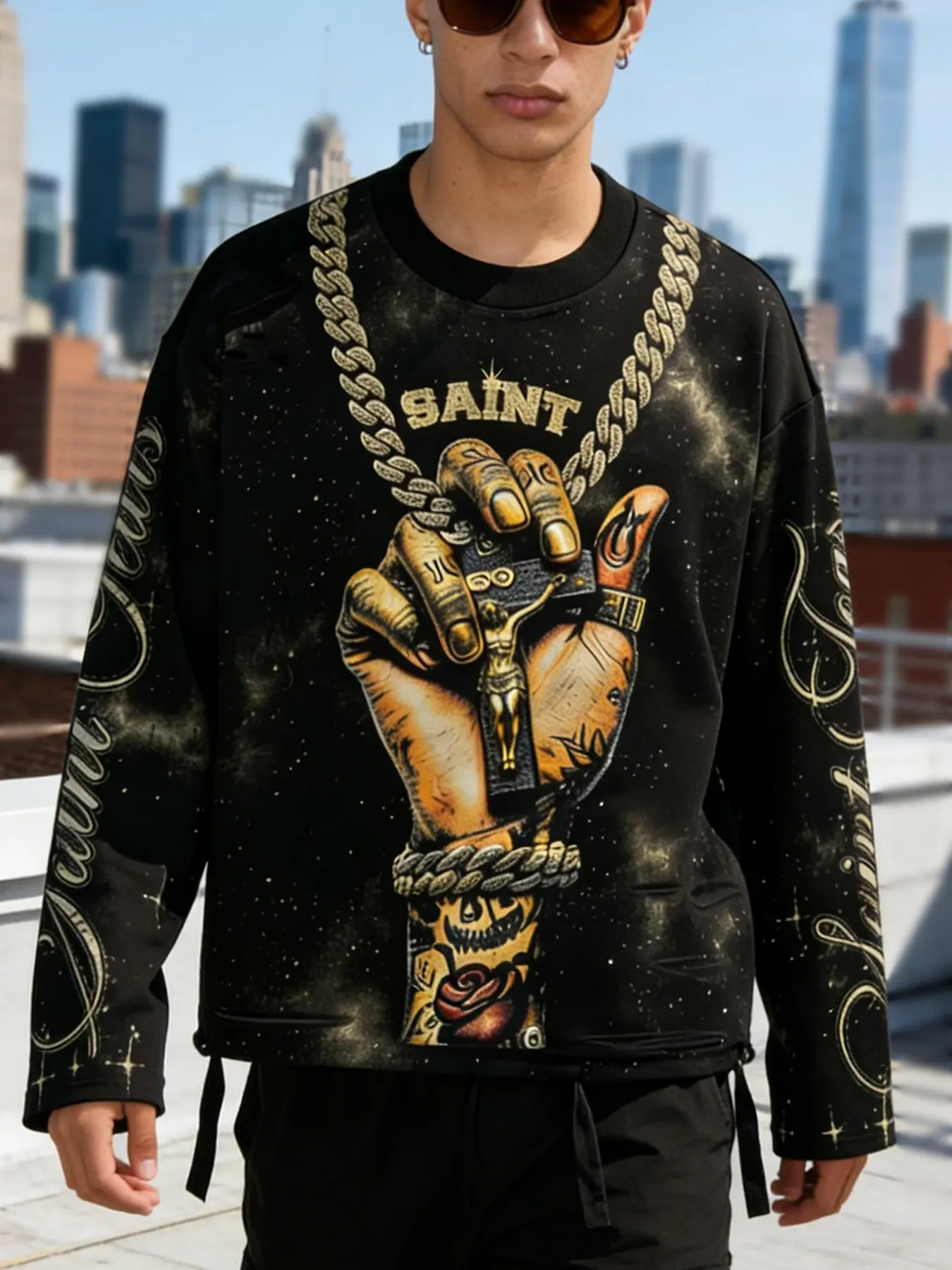 Broken hole trumpet sleeve chain retro long sleeved Round Neck T-shirt for men, Loose, European and American Streetwear fashion brand, 2026 Spring and Autumn new style Christian Graphic printed T-shirt, retro, Classic, Vintage, Menswear