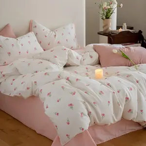 Floral Comforter Set  Size - 3 count Pink White Floral Comforter Bedding Sets Tulips Pattern, Bed in a Bag with Heart Comforter and 2 Pillowcases