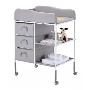 【FathersDayGift】VEVOR Baby Changing Table, Portable Diaper Change Station with 3 Fabric Drawers and Lockable Wheels, Adjustable Height Multi-Functional Changing Station Table with Storage Organizer Nursery, Gray