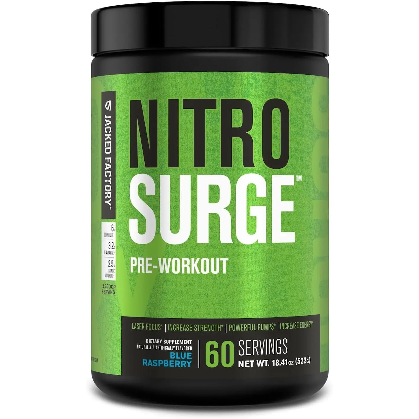 Jacked Factory NITROSURGE Pre Workout Powder - High-Performance Dietary Fitness Supplement for Adults, with Beta Alanine, L-Citrulline, Energy Boost, Fitness Fuel, Muscle Support, Blue Raspberry Flavor, 60+ Servings, Prop 65 Safe