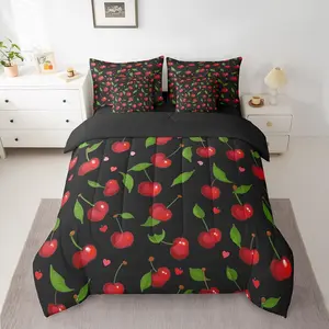 Red Cherry Comforter Set with Sheets,Hearts Cherry Pattern 7 Piece Bedding Set,Boys Girls Fruit Cherry Black Bed in A Bag,Cartoon Cherry Print Bed Set