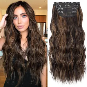 24inch Clip in Synthetic Hair Extensions Long Wavy 4PCS Black&Dark mix light brown Fiber Double Weft Natural Hair Extensions  for Women