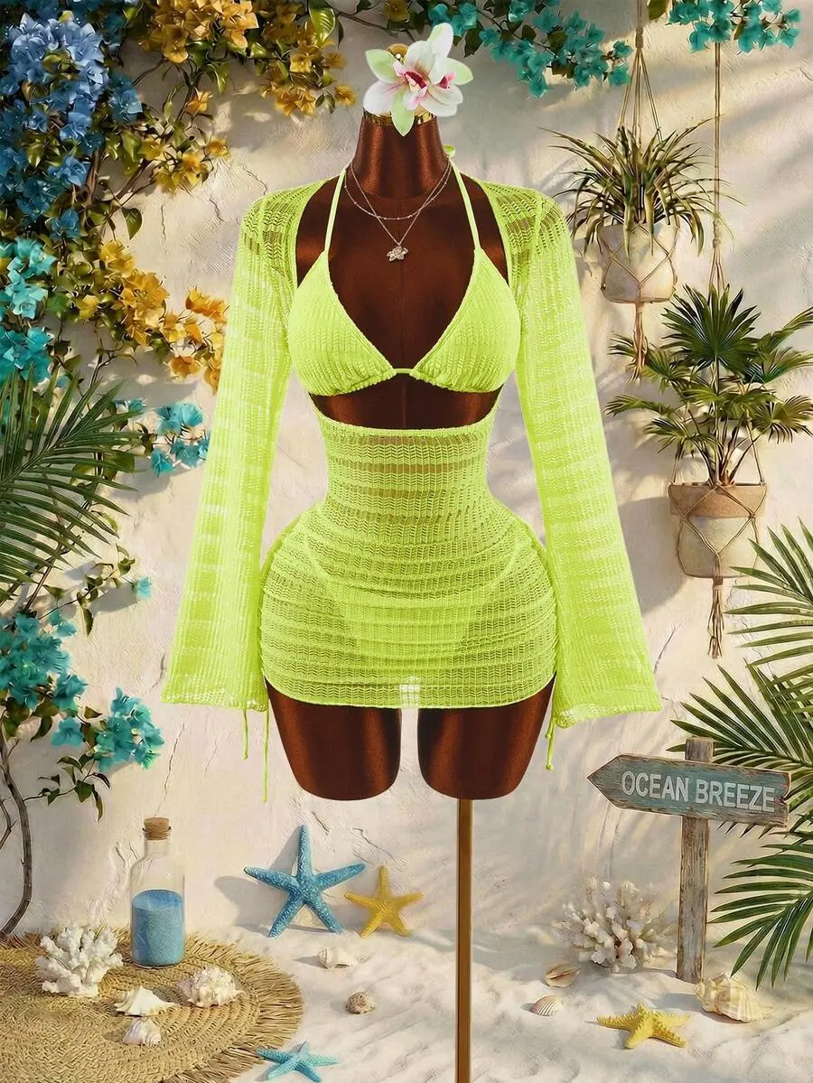 Women's 3-Pieces Long Sleeves Bathing Suit - Sexy Avant-Garde Neon Green Tie Detail Swimsuit for Women, Ideal for Holiday Beach Summer Vacation