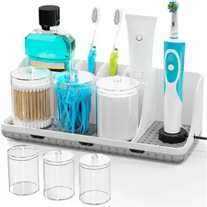 Bathroom Countertop Organizer, Toothbrush Holder, Equipped with 3 Cotton Swab Holders, Children's Electric Toothbrush and Toothpaste Holder, Suitable for Bathroom Vanity Sink Organizer (White)