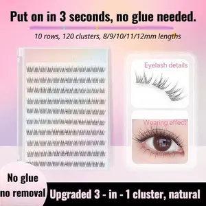 Self-Adhesive Clear Band False Eyelashes - Natural Wispy Cat Eye Effect 8-9-10mm Fluffy Segmented Extensions No Glue Needed Invisible Thin Stems Upgraded 3-in-1 Cluster Natural Look Cosmetic