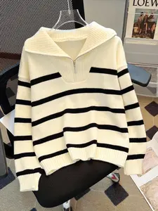 Women's Striped Print Half Zip Drop Shoulder Fitted Sweater, Lightweight Pullover, Casual Long Sleeve Jumper for Fall & Winter, Fashion Ladies' Knitwear for Daily Wear