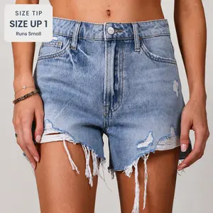 ONESO High Rise Denim Shorts - Casual Frayed Raw Hem Ripped Short Jeans Basic Minimalist Streetwear Trouser Pants Summer Womenswear Bottom OSH6073