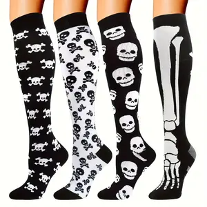4 Pairs Knee High Compression Socks For Women & Men, For Nurses Running Hiking Cycling Skeleton Bone Knee High Socks Colorful Halloween Ghost Face Socks Halloween Compression Knee Socks Supportive Compression Running Sock