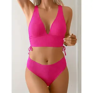 2026 Viral Hot Pink Ribbed Bikini Set | Side Tie V-Neck Two Piece Swimsuit for Beach Vacation & Pool Party