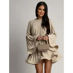 Women'S Elegant Lace Short Dress with Puffed Sleeve & Chest Wrinkle Accent - Loose H-Line Silhouette, Structured Collar, Short Skirt, Solid Black - Fall/Winter Party Wedding Semi-Formal Attire, No Padding, Breathable & Comfortable Casual to