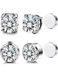 2 Pairs 6-8mm Pretty Studs Magnetic Clip On Stud Earrings Non Piercing Stainless Steel Zircon Earrings for Men Women Round Stud Hypoallergenic Earrings Jewellery
