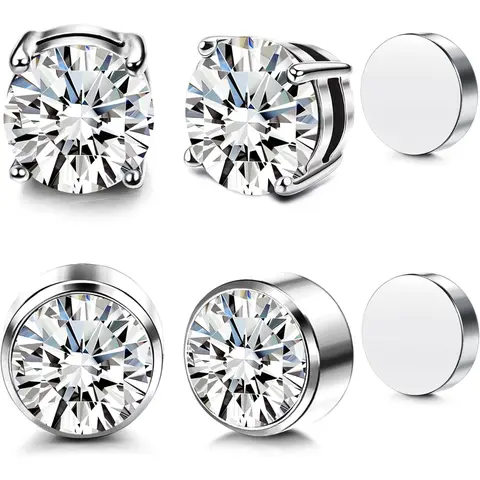 2 Pairs Acupressure Patch Magnetic Clip on Stud Earrings, Non Piercing Stainless Steel Zircon, Hypoallergenic Fashion Ear Jewelry Casual Earrings Set for Men Women, Hypoallergenic Metal Jewelry