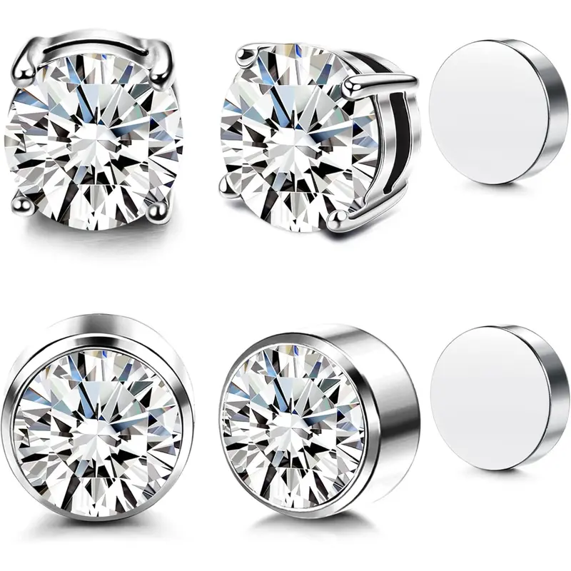 2 Pairs Acupressure Patch Magnetic Clip on Stud Earrings, Non Piercing Stainless Steel Zircon, Hypoallergenic Fashion Ear Jewelry Casual Earrings Set for Men Women, Hypoallergenic Metal Jewelry