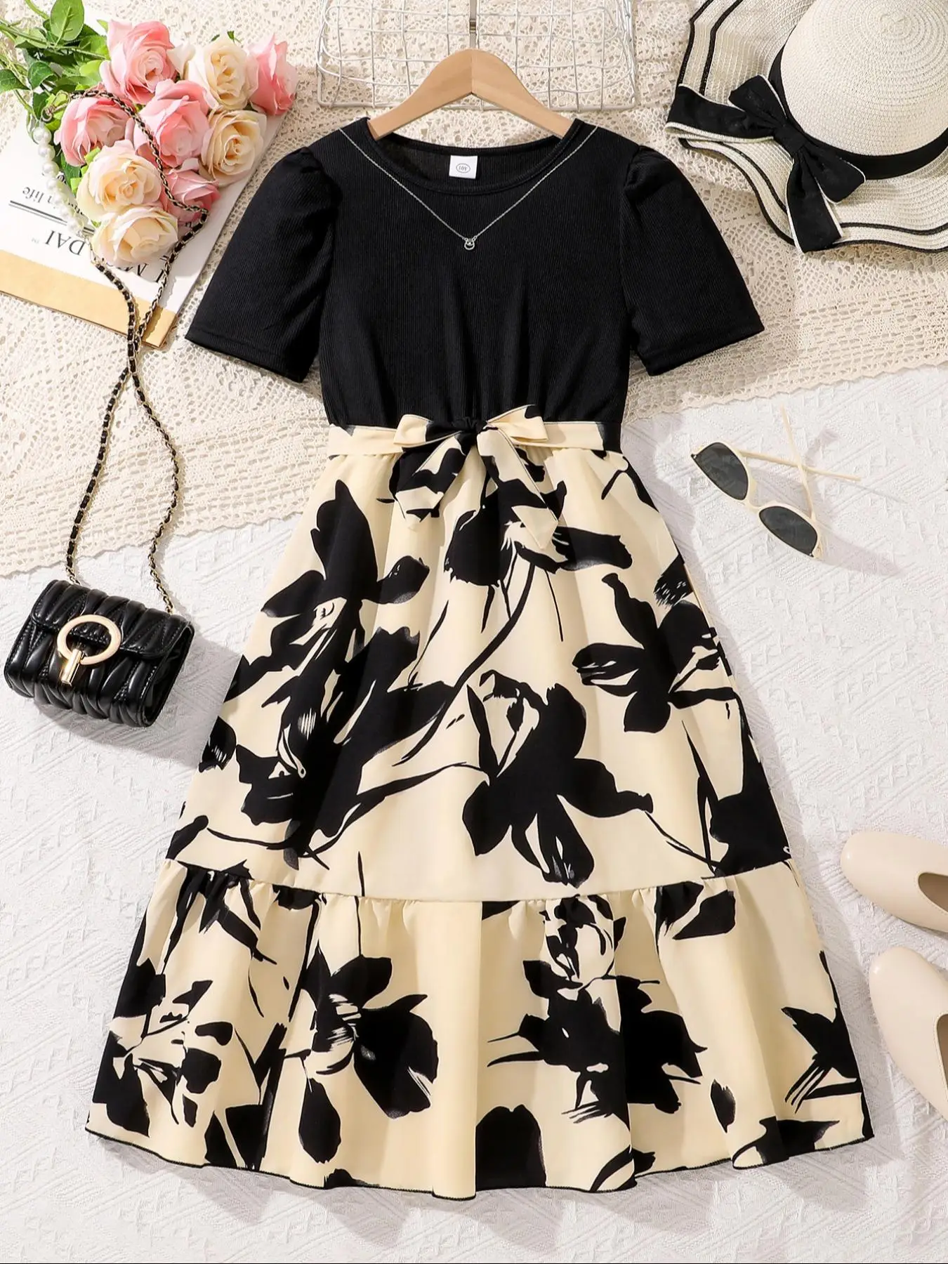 Girl's Floral Print Belted A Line Dress, Elegant Fashion Casual Short Sleeve Dress for Daily Outdoor Wear, Girls Dress for Summer