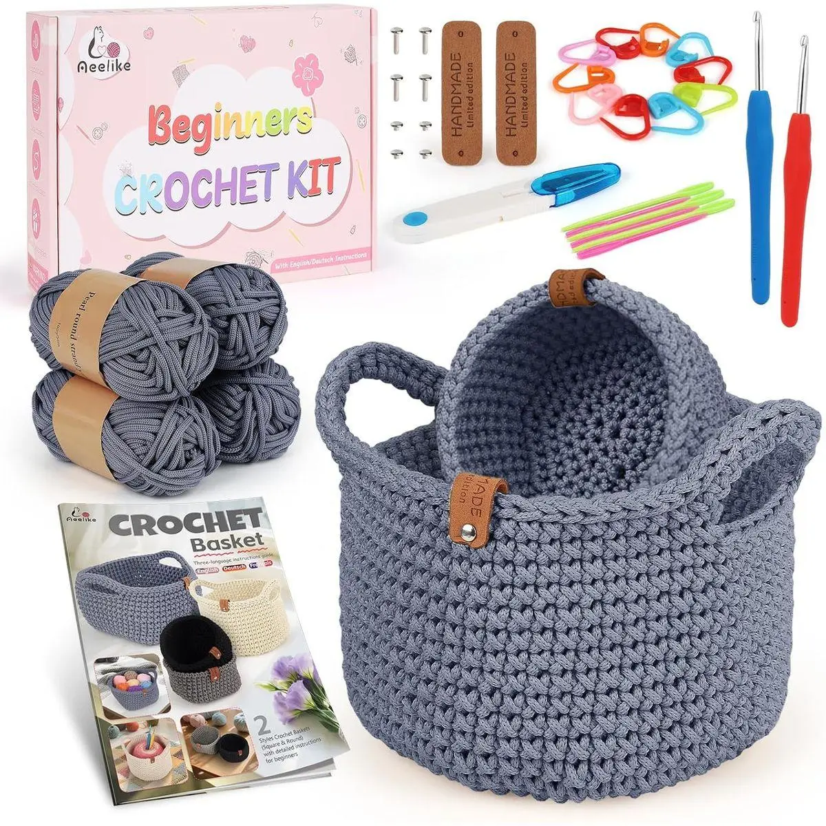 27PCS Crochet Basket Kit for Beginners (L&S), Complete Crochet Kit Include Instruction Beginner-Friendly Yarn, Starter Knitting Set for Adults, Crocheting Gift for Storage Home Decor