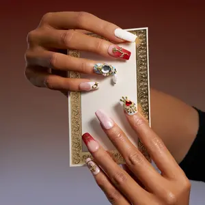 Unique Square Press On Nails, Gold Rose/Cross Charms, Rhinestone Gems, Long Lasting, Salon Quality, Reusable