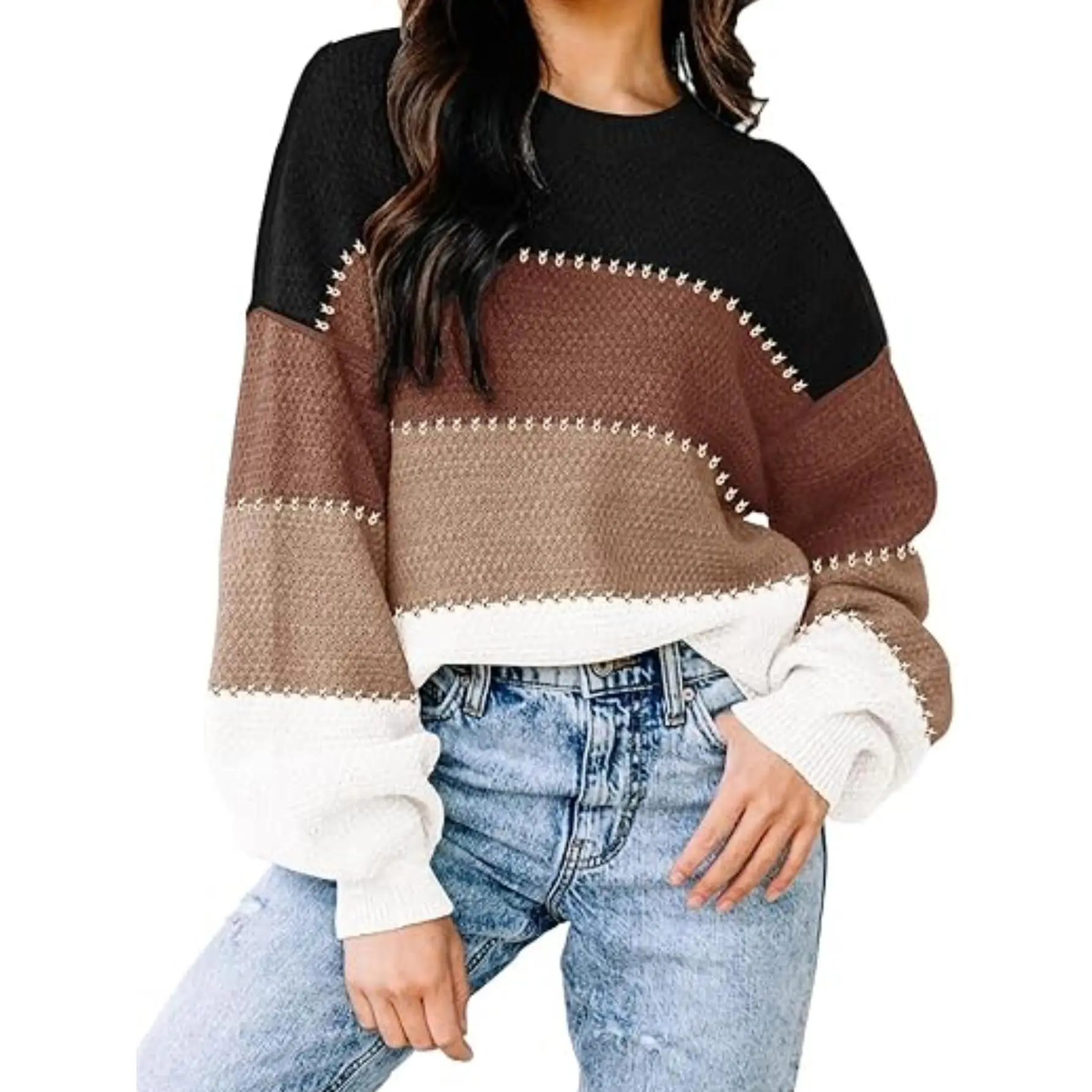 Women Color Block Pullover Sweaters Casual Long Sleeve Crewneck  Patchwork Knit Sweatshirts Tops Spring Autumn Fall Winter Trendy Outfits Knitwear Womenswear