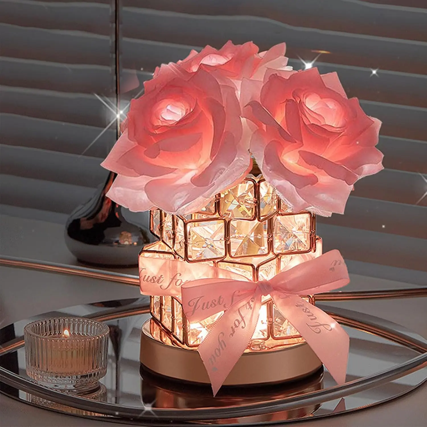 Solar Powered Rose Design Night Light, USB Rechargeable Touch Control Table Lamp, 3 Color Infinite Dimming Night Light for Bedroom, Restaurant, Coffee Shop